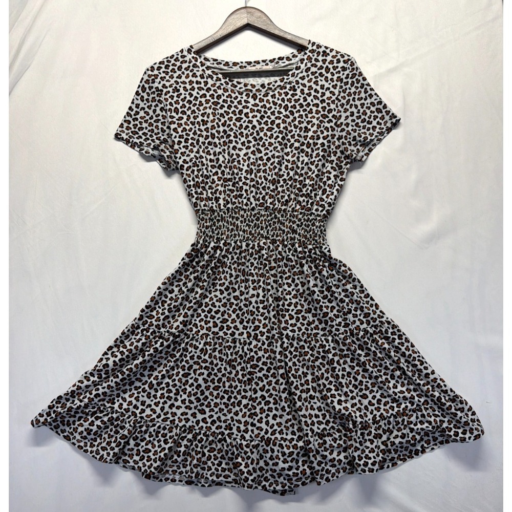 Mi Ami Mini Dress Womens Medium White Brown Leopard Print Smocked Waist Pullover